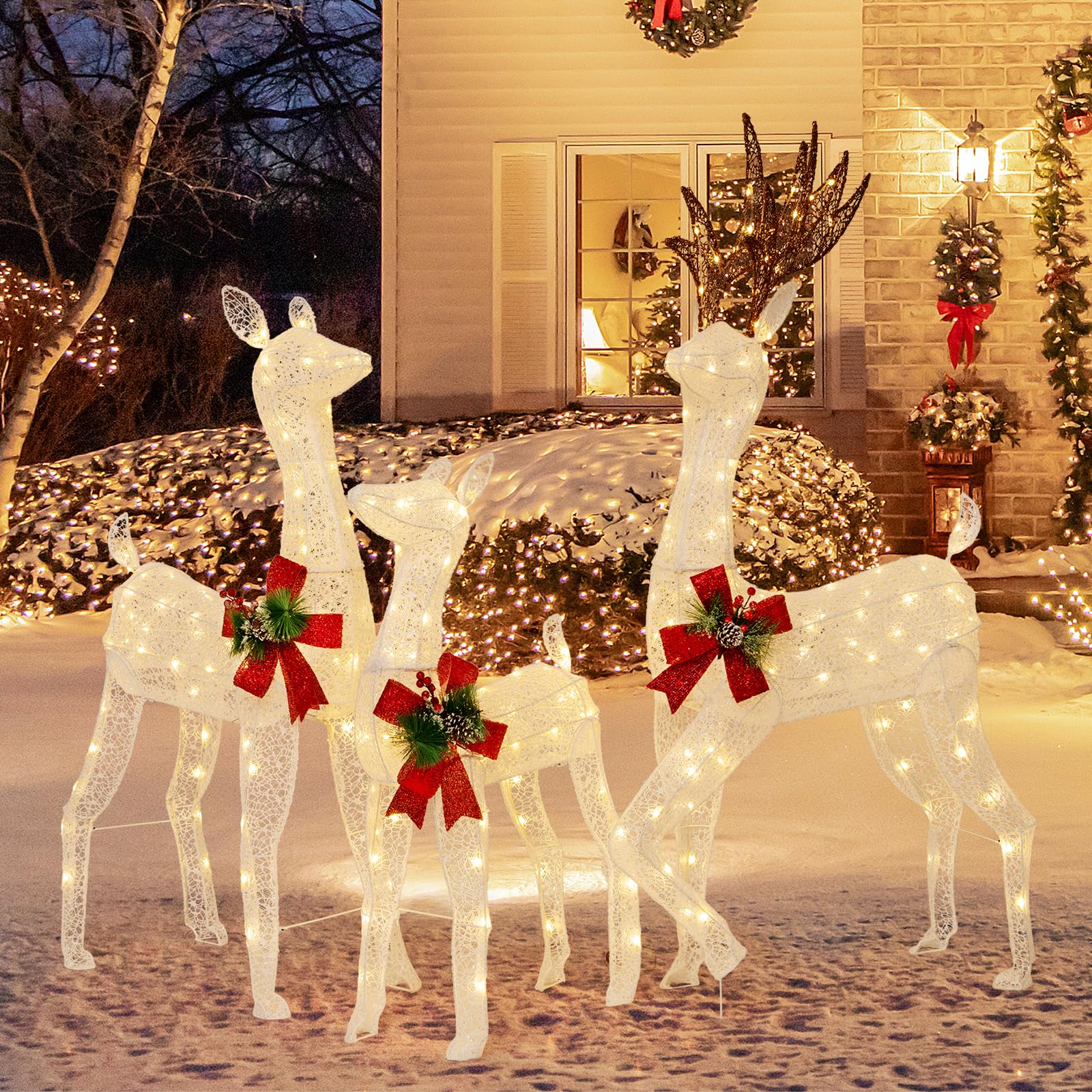 Tangkula 3 Pieces Lighted Christmas Reindeer Family, Xmas Lighted Deer Decoration with 230 Warm White LED Lights